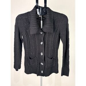 St Johns Bay Womens Black Cable Knit Cardigan Sweater Shawl Collar Small